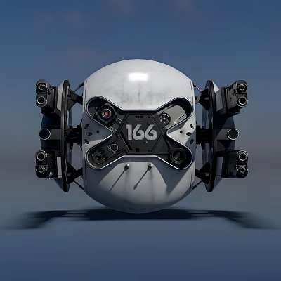 Futuristic Spherical Weapon With 166 Marking Multiple Barrels And Sleek White Surface 3d model