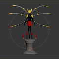 3D Fantasy Sculpture With Black Body Red Skirt Mechanical Arms Yellow Headpiece And Decorative Base