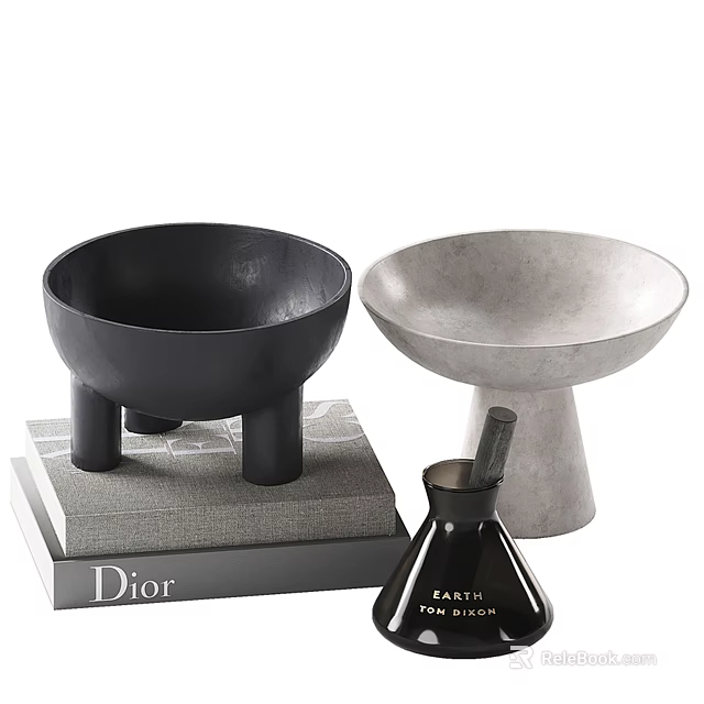 Modern Decorative Ornament Set with Black Bowl Light Gray Bowl Dior Book and FARO Bottle 3d model 