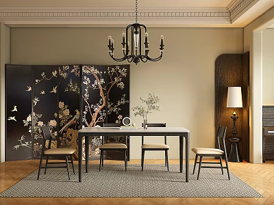 Traditional Restaurant Interior With Floral Bird Screen Chandelier Dining Table Chairs And Rug 3d model