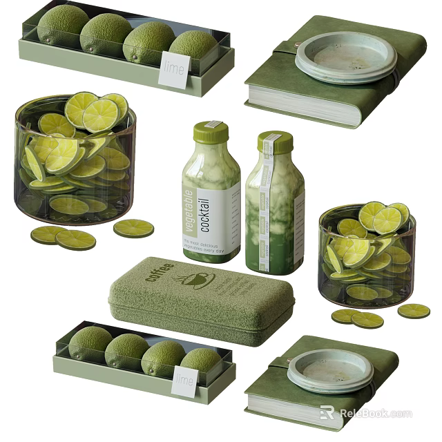 Decorative Ornament Set with Limes in Glass Jars Green Bottles and Fabric Box 3d model 