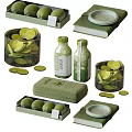 Decorative Ornament Set with Limes in Glass Jars Green Bottles and Fabric Box