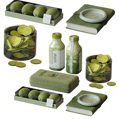 Decorative Ornament Set with Limes in Glass Jars Green Bottles and Fabric Box 3d model