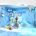 Snowy Theme Event Scene With Ice Castle And Blue Cartoon Characters
