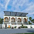 Modern Detached Villa Exterior With Glass Roof Arched Windows Iron Gate And Palm Trees
