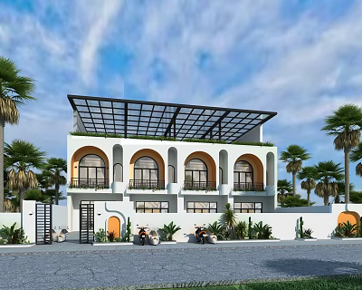 Modern Detached Villa Exterior With Glass Roof Arched Windows Iron Gate And Palm Trees 3d model