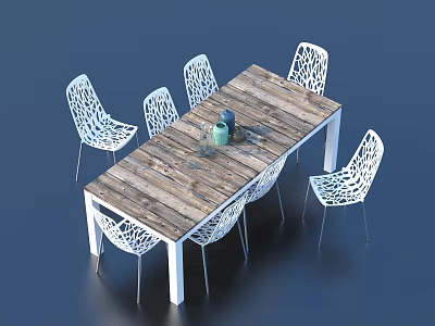 Wooden Dining Table With Six White Perforated Design Chairs And Decorative Vase 3d model