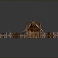 Rustic Log Cabin Enclosed Garden Scenery with Thatched Roof Wooden Fence Gate Wheelbarrow and Bucket