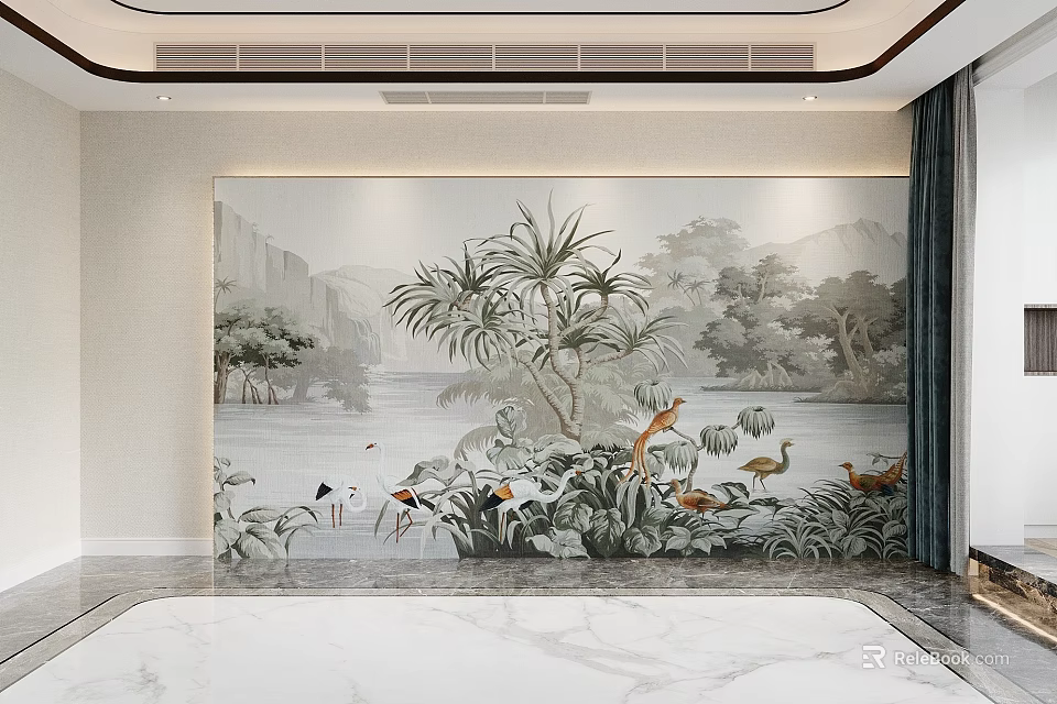 Elegant Sofa Background Wall With Natural Scenery Mountain Landscape Green Plants And Cranes 3d model 