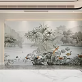 Elegant Sofa Background Wall With Natural Scenery Mountain Landscape Green Plants And Cranes