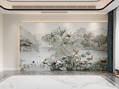 Elegant Sofa Background Wall With Natural Scenery Mountain Landscape Green Plants And Cranes 3d model
