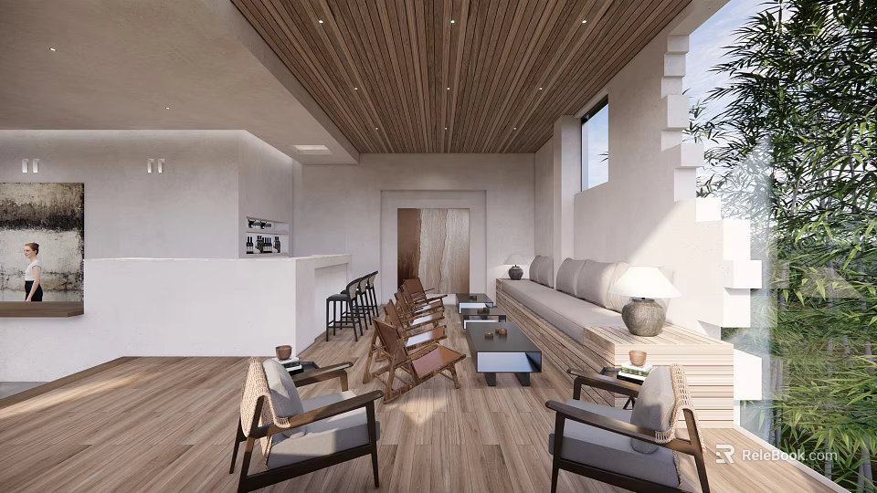 Modern Hotel Lobby Interior With Wooden Ceiling Sofa Seating Coffee Tables And Bar Counter 3d model 