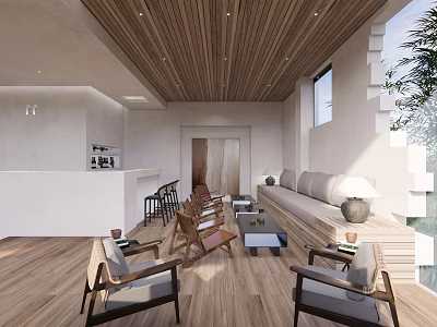 Modern Hotel Lobby Interior With Wooden Ceiling Sofa Seating Coffee Tables And Bar Counter 3d model