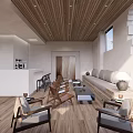 Modern Hotel Lobby Interior With Wooden Ceiling Sofa Seating Coffee Tables And Bar Counter