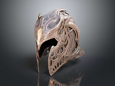 Intricate Metallic Helmet With Ancient Fantasy Style Eagle Beak Design And Hollowed Decorations 3d model