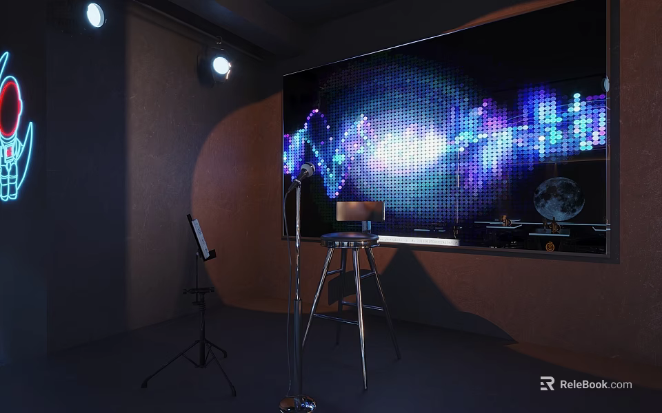 Music Studio Setup With Large Screen Colorful Sound Waves Microphone Music Stand And Stool 3d model 