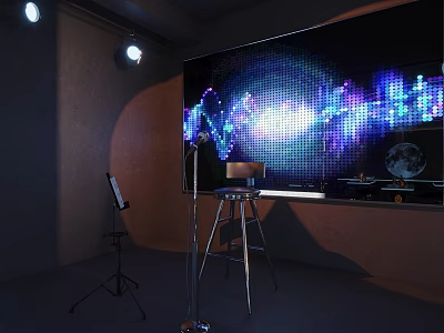 Music Studio Setup With Large Screen Colorful Sound Waves Microphone Music Stand And Stool 3d model