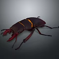 Detailed Realistic Beetle with Red Mandibles and Yellow Stripe on Dark Background