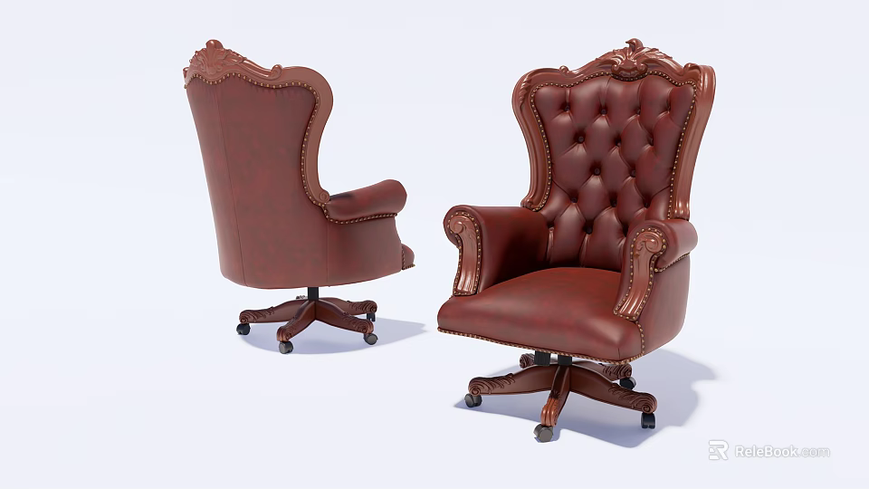 Executive Brown Leather Office Chair With Ornate Carved Design And Swivel Casters 3d model 