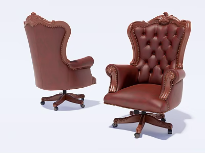 Executive Brown Leather Office Chair With Ornate Carved Design And Swivel Casters 3d model