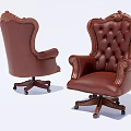 Executive Brown Leather Office Chair With Ornate Carved Design And Swivel Casters