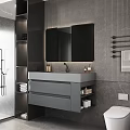 Modern Bathroom Interior Design With Gray Vanity Mirror Storage Cabinet And Wall Tiles