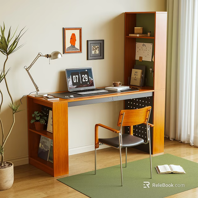 Cozy Home Office Desk Setup With Laptop Desk Lamp Wooden Chair And Potted Plant 3d model 