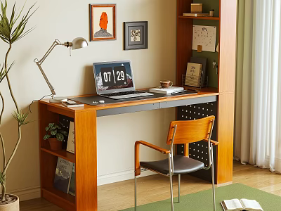 Cozy Home Office Desk Setup With Laptop Desk Lamp Wooden Chair And Potted Plant 3d model