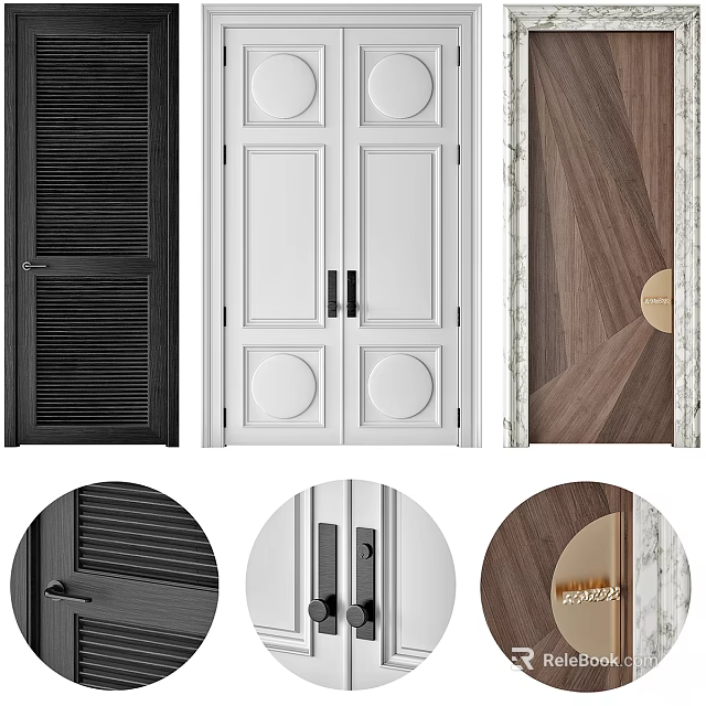 Stylish Swing Doors with Black Louvered White Circular Panel and Wooden Marble Trim 3d model 