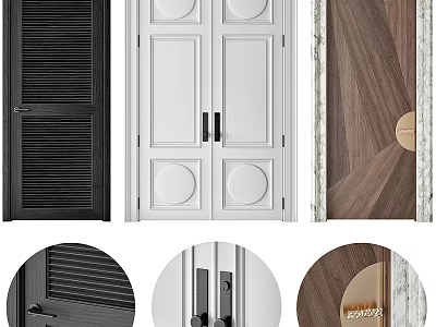 Stylish Swing Doors with Black Louvered White Circular Panel and Wooden Marble Trim 3d model