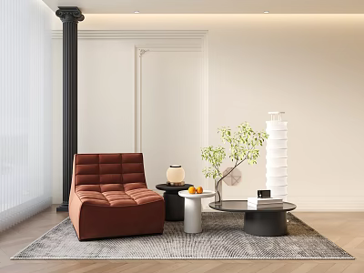 Brown Single Sofa In Living Room With Side Table Green Plant And Rug 3d model