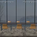 Modern Conference Table With Yellow Rolling Office Chairs And Large Windows Overlooking Snowy Landscape