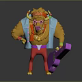 Anthropomorphic Yellow Boss Creature Wearing Blue Vest Red Pants Star Glasses Holding Purple Suitcase