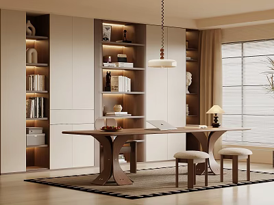Modern Study Room With Built in Bookshelves Wooden Table Stools Pendant Light And Window Blinds 3d model