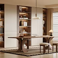 Modern Study Room With Built in Bookshelves Wooden Table Stools Pendant Light And Window Blinds