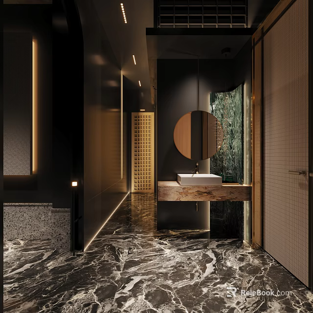 Modern Bathroom Interior With Marble Floor Wooden Vanity Round Mirror And Ambient Lighting 3d model 