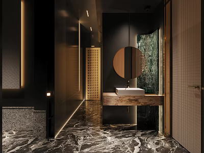 Modern Bathroom Interior With Marble Floor Wooden Vanity Round Mirror And Ambient Lighting 3d model