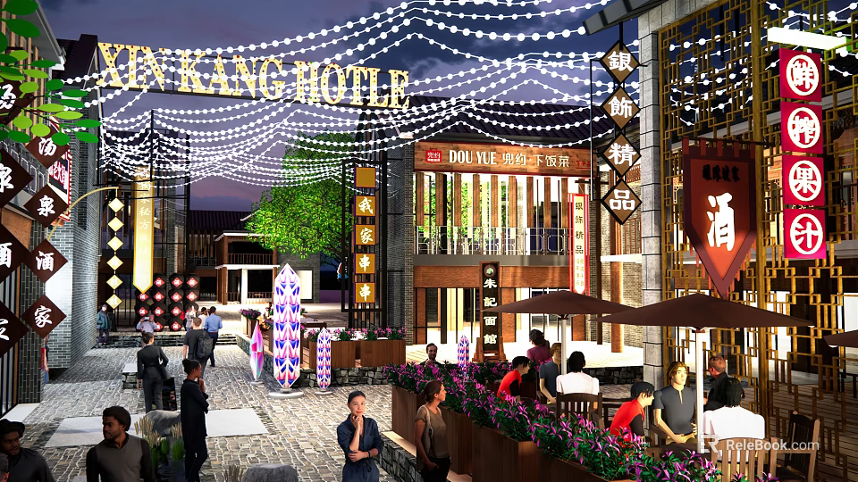 Vibrant Commercial Street with Kin Kang Hotel Signboards Lanterns and String Lights 3d model 