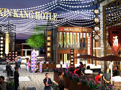 Vibrant Commercial Street with Kin Kang Hotel Signboards Lanterns and String Lights 3d model