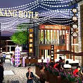 Vibrant Commercial Street with Kin Kang Hotel Signboards Lanterns and String Lights