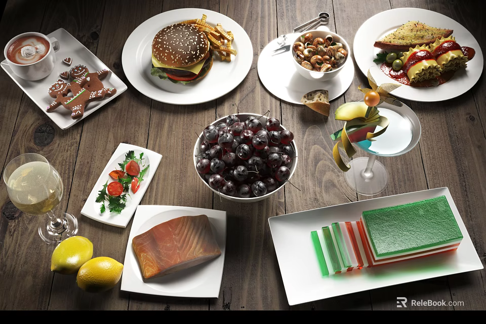 Assorted Tasty Food Including Hamburgers Fries Sandwiches Grapes Salmon Jelly and Nuts on Wooden Table 3d model 