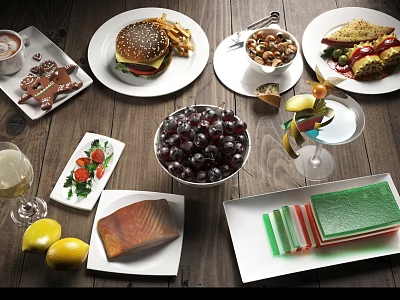 Assorted Tasty Food Including Hamburgers Fries Sandwiches Grapes Salmon Jelly and Nuts on Wooden Table 3d model