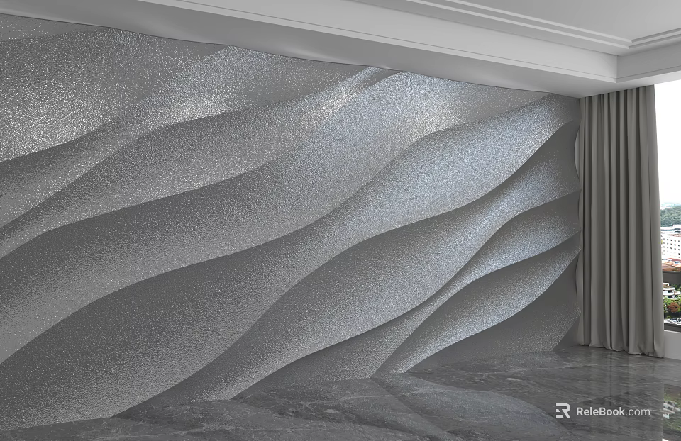 Silver Glossy Wavy Texture Background Wall With Curtains And Marble Floor 3d model 
