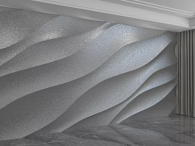 Silver Glossy Wavy Texture Background Wall With Curtains And Marble Floor 3d model