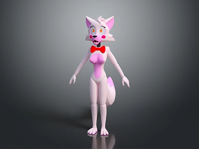 Pink Cartoon Fox Game And Movie Character With White Ears Red Bow Tie Standing Pose 3d model