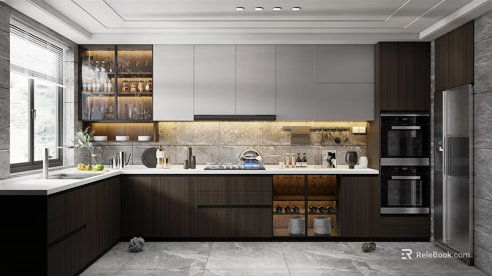 Modern Kitchen Interior Design With Glass Door Cabinets Marble Backsplash And Stainless Steel Appliances 3d model 