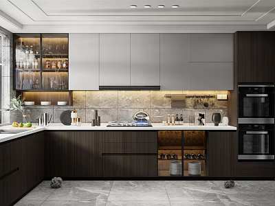 Modern Kitchen Interior Design With Glass Door Cabinets Marble Backsplash And Stainless Steel Appliances 3d model