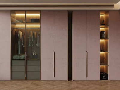 Modern Wardrobe Interior Design With Glass Doors Hanging Clothes And Gold Handles 3d model