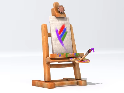 Wooden Easel With Canvas Colorful Lines Paintbrush And Palette Art Supplies 3d model