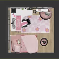 Cartoon Scene of a Pink Bedroom with Bed Desk Computer Heart Shaped Shelf and Decorations